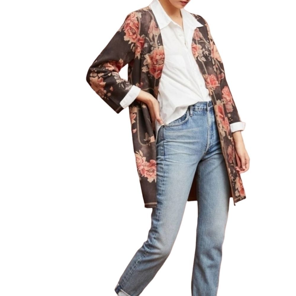 Anthropologie Solitare Floral faux Suede Open-Front Kimono Jacket medium